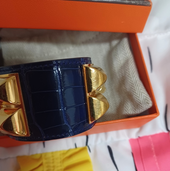 Authentic Hermes Collier de Chien Mississippi Blue Croc Alligator Cuff - Picture 11 of 16